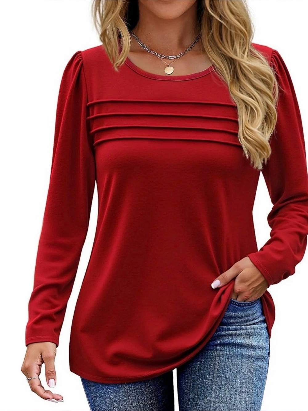 Fantaslook Women’s Long Sleeve Pleated Blouse – Size XL – Burgundy/Deep Red